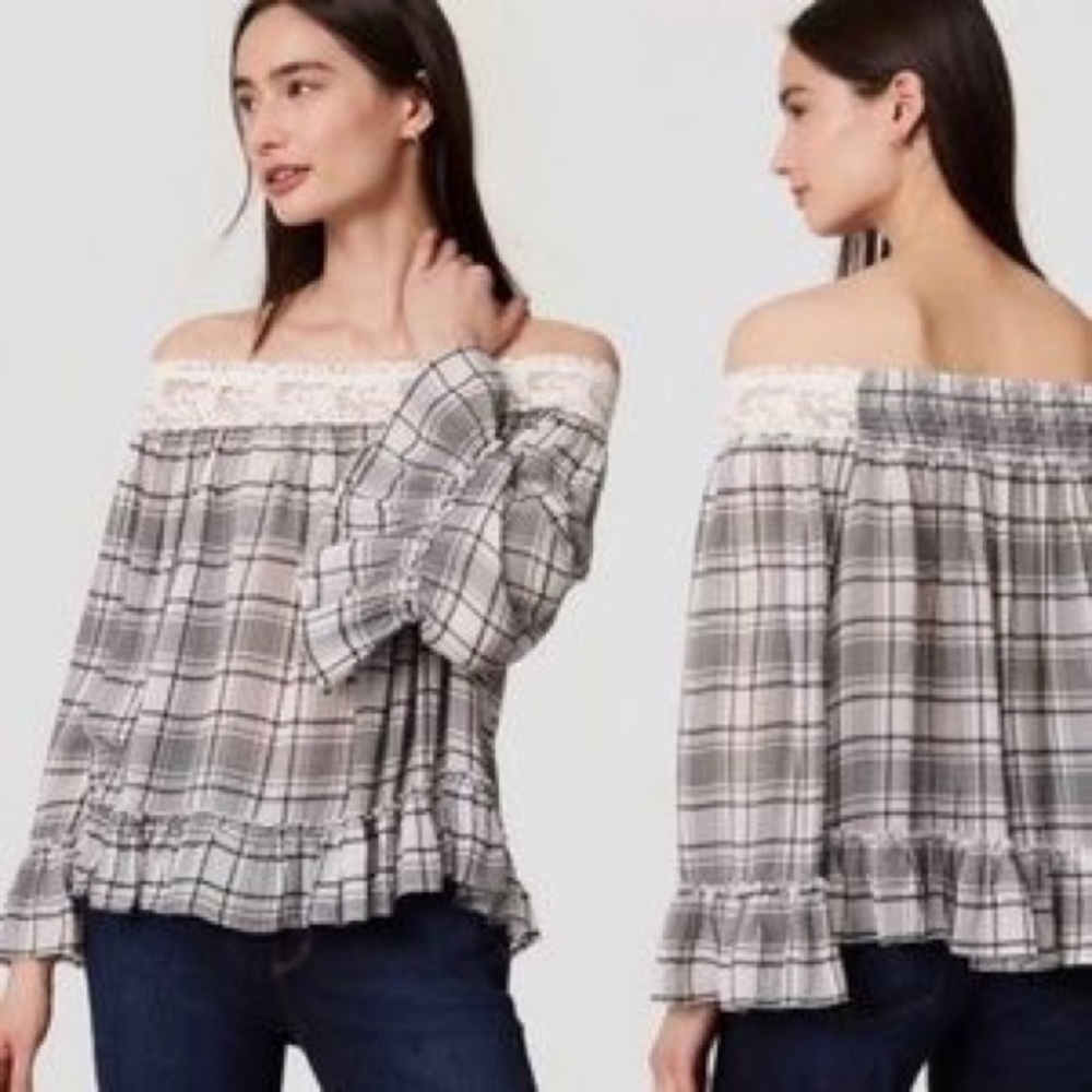 LOFT NWT Plaid Off-the-Shoulder Top with Lace Trim